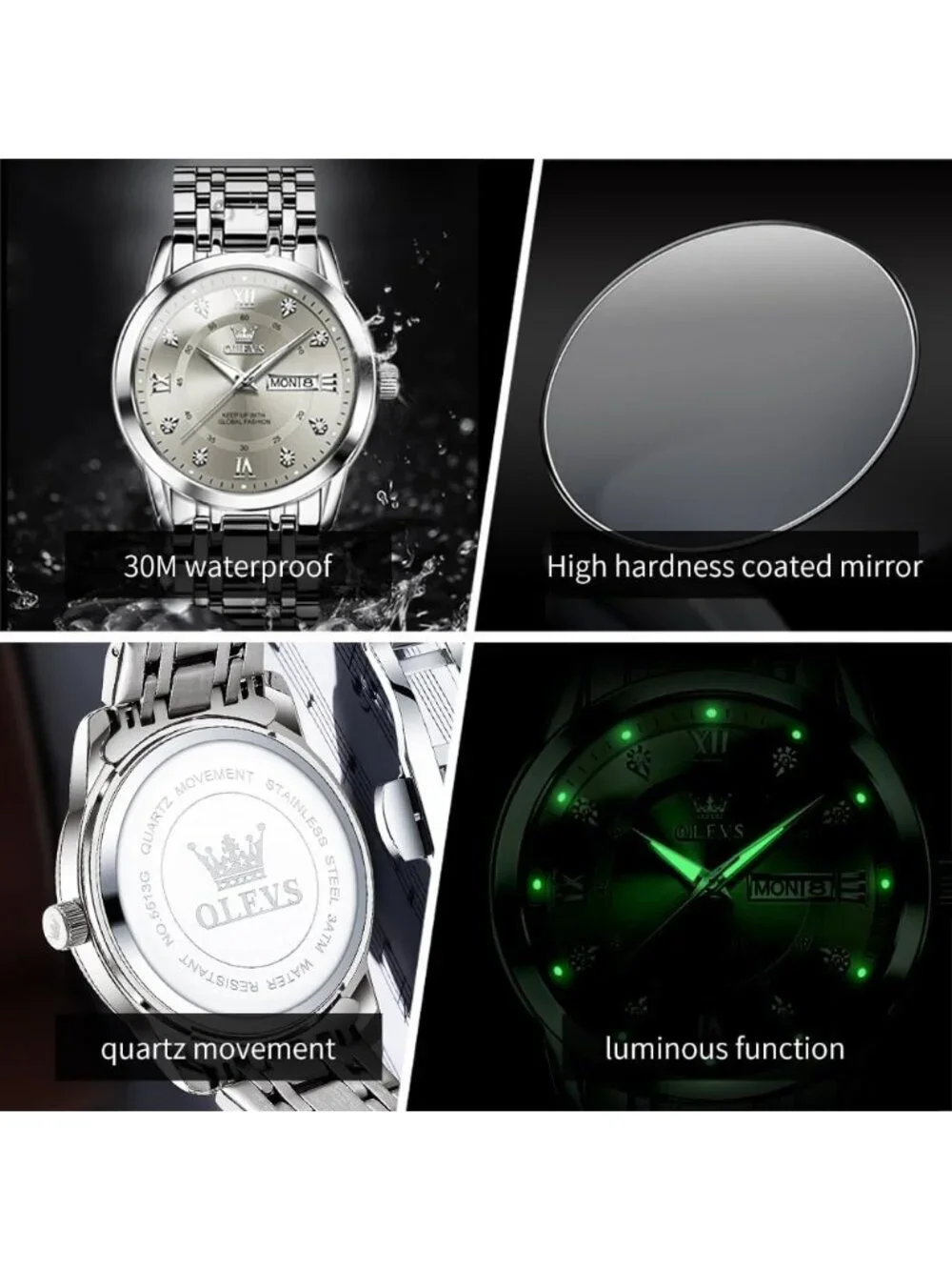 Men's Silver Grey Stainless Steel Luminous Quartz Waterproof Round Classic Watch